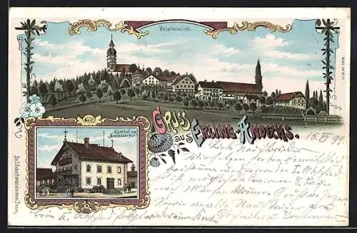 Lithographie Erling-Andechs, Gasthof zum Seefelder Hof, Gesamtansicht mit Kirche