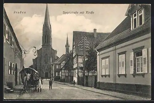 AK Graben bei Karlsruhe, Hauptstrasse mit Kirche und Pferdewagen