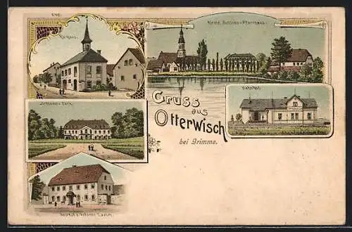 Lithographie Otterwisch bei Grimma, Gasthof z. Goldenen Lamm, Bahnhof, Schloss u. Park