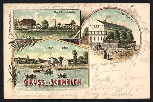 Lithographie Schmölen, Gasthaus und Schule, Rittergut Nieder-Schmölen