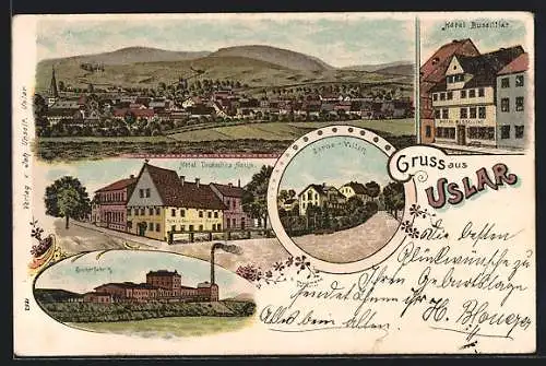 Lithographie Uslar, Hotel Bussiliar, Zuckerfabrik, Hotel Deutsches Haus