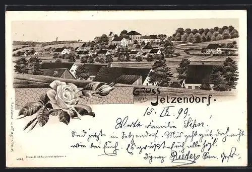 Lithographie Jetzendorf, Ortsansicht mit Rosenblüte
