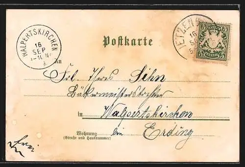 Lithographie Jetzendorf, Ortsansicht mit Rosenblüte