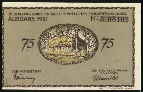 Notgeld Plön 1921, 75 Pfennig, Blick auf das Schloss, Prinzenfarm