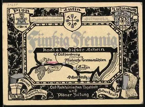 Notgeld Lütjenburg, 50 Pfennig, Burg Hessenstein und Karte der Holsteinischen Schweiz