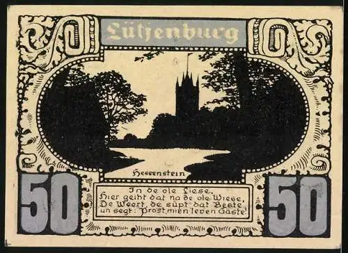 Notgeld Lütjenburg, 50 Pfennig, Burg Hessenstein und Karte der Holsteinischen Schweiz