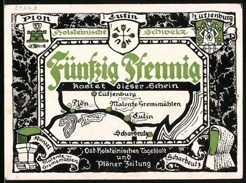 Notgeld Malente Gremsmühlen, 50 Pfennig, Uglei-See und Karte der Holsteinischen Schweiz