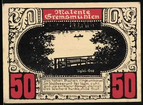 Notgeld Malente Gremsmühlen, 50 Pfennig, Uferpartie am Uglei-See, Karte der Holsteinischen Schweiz
