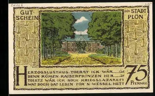 Notgeld Plön 1921, 75 Pfennig, Blick aufs Schloss, Prinzenfarm