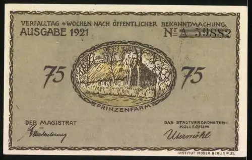 Notgeld Plön 1921, 75 Pfennig, Blick aufs Schloss, Prinzenfarm