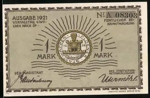 Notgeld Plön 1921, 1 Mark, Stadtwappen und Gesamtansicht vom Wasser aus