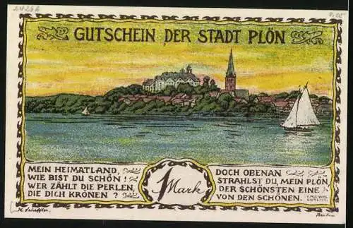 Notgeld Plön 1921, 1 Mark, Stadtwappen und Gesamtansicht vom Wasser aus