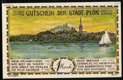 Notgeld Plön 1921, 1 Mark, Gesamtansicht vom Wasser aus, Stadtwappen