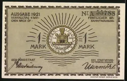 Notgeld Plön 1921, 1 Mark, Gesamtansicht vom Wasser aus, Stadtwappen