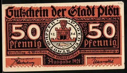 Notgeld Plön 1921, 50 Pfennig, Stadtwappen, Buthues Bruder Heinrich sammelt Krieger