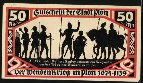Notgeld Plön 1921, 50 Pfennig, Stadtwappen, Buthues Bruder Heinrich sammelt Krieger