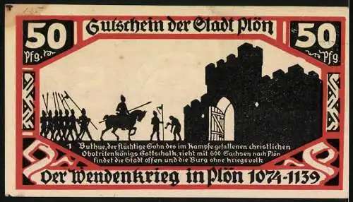 Notgeld Plön 1921, 50 Pfennig, Buthue zieht mit 600 Sachsen nach Plön