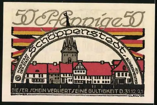 Notgeld Schöppenstedt 1921, 50 Pfennig, Ortspartie mit Kirchturm