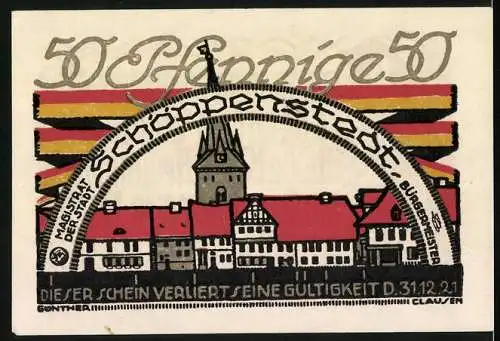 Notgeld Schöppenstedt 1921, 50 Pfennig, Ortspartie und Ossengedicht