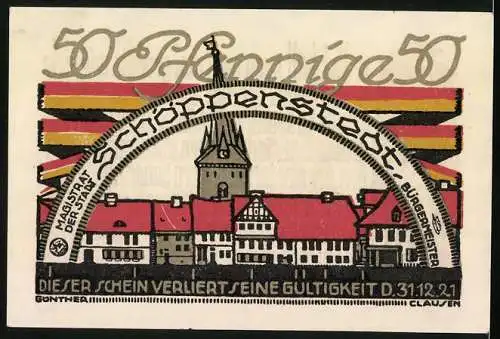 Notgeld Schöppenstedt 1921, 50 Pfennig, Ortspartie und Brunnen-Gedicht