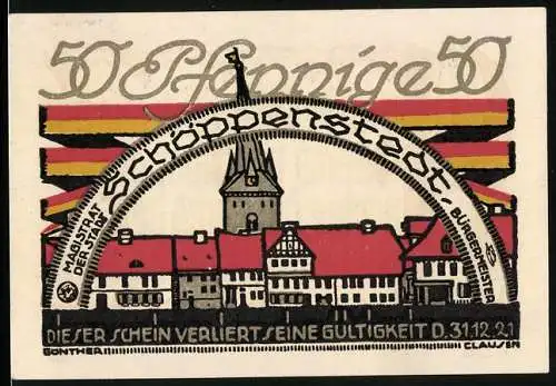 Notgeld Schöppenstedt 1921, 50 Pfennig, Ortspartie und Ossentrecker-Gedicht