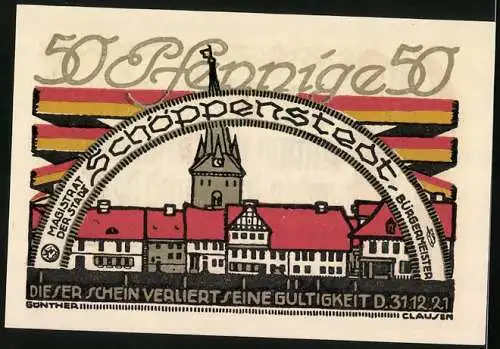 Notgeld Schöppenstedt 1921, 50 Pfennig, Ossentreckerei-Gedicht und Ortspartie