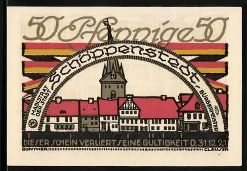 Notgeld Schöppenstedt 1921, 50 Pfennig, Ortspartie und Gedicht mit Ochsenzunge
