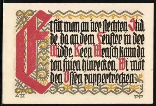 Notgeld Schöppenstedt 1921, 50 Pfennig, Ortspartie mit Kirchturm und Ossen-Gedicht