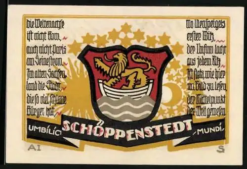 Notgeld Schöppenstedt 1921, 50 Pfennig, Ortspartie und Wappen