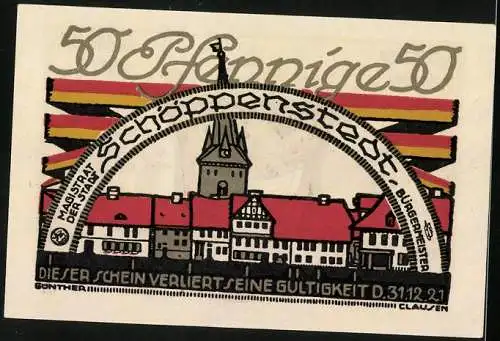 Notgeld Schöppenstedt 1921, 50 Pfennig, Ortspartie und Wappen