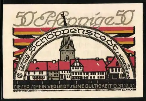 Notgeld Schöppenstedt 1921, 50 Pfennig, Brunnen-Gedicht und Ortspartie