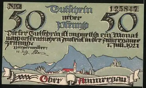 Notgeld Oberammergau 1921, 50 Pfennig, Gesamtansicht gegen die Berge