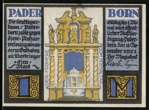 Notgeld Paderborn 1921, 1 Mark, Der frühere Dom-Hochaltar, Dietrich Adolf Freiherr von der Reck