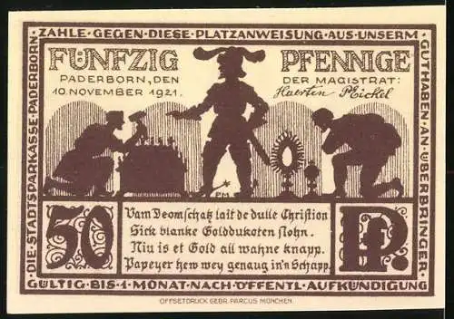 Notgeld Paderborn 1921, 50 Pfennig, Friedhof des Domes, Diebe am Domschatz