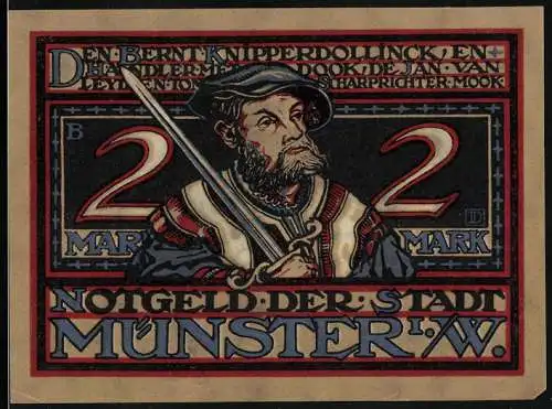 Notgeld Münster i. W. 1921, 2 Mark, Mann in Tracht mit Schwert, zwei schreiende Männer