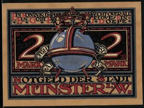 Notgeld Münster i. W. 1921, 2 Mark, Königsinsignien, Jan als König
