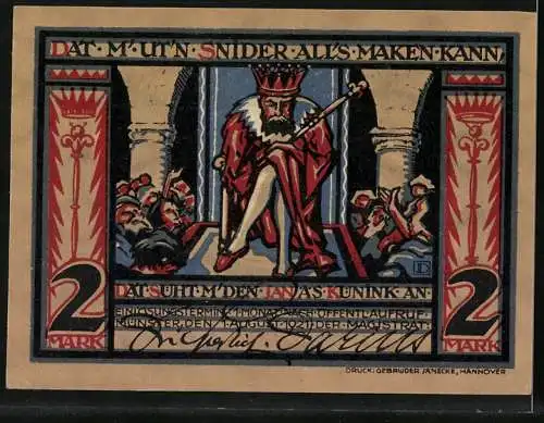 Notgeld Münster i. W. 1921, 2 Mark, Königsinsignien, Jan als König