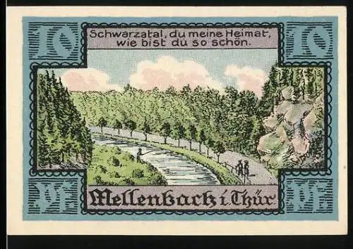 Notgeld Mellenbach i. Thür. 1921, 10 Pfennig, Flusslauf mit Weg daneben
