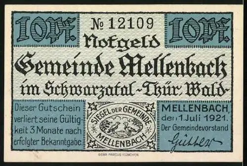 Notgeld Mellenbach i. Thür. 1921, 10 Pfennig, Flusslauf mit Weg daneben