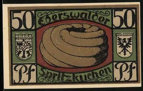 Notgeld Eberswalde 1921, 50 Pfennig, Eberswalder Spritzkuchen und der Gesundbrunnen