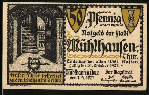 Notgeld Mühlhausen /Thür. 1921, 50 Pfennig, Eule im Archiv, Schenkung durch Karl V.
