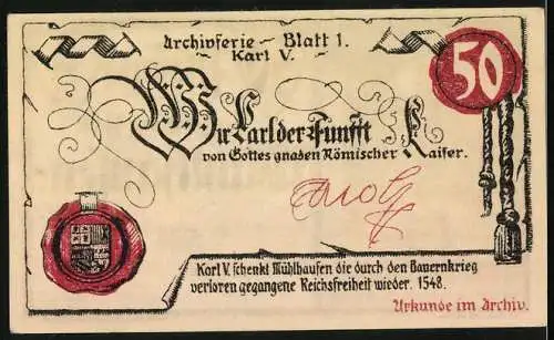 Notgeld Mühlhausen /Thür. 1921, 50 Pfennig, Eule im Archiv, Schenkung durch Karl V.