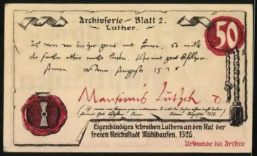 Notgeld Mühlhausen /Thür. 1921, 50 Pfennig, Luther`s Schreiben an den Rat von Mühlhausen