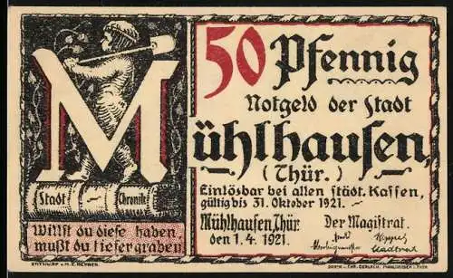 Notgeld Mühlhausen /Thür. 1921, 50 Pfennig, Bach`s Gesuch an den Organistendienst, entlassen zu werden