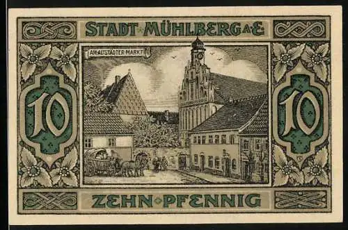 Notgeld Mühlberg a. E. 1921, 10 Pfennig, Partie am Altstädter Markt