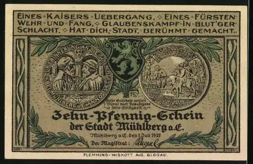 Notgeld Mühlberg a. E. 1921, 10 Pfennig, Partie am Altstädter Markt