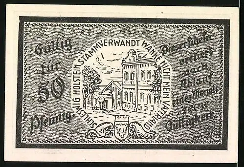 Notgeld Trittau, 50 Pfennig, Ortspartie mit Wappen