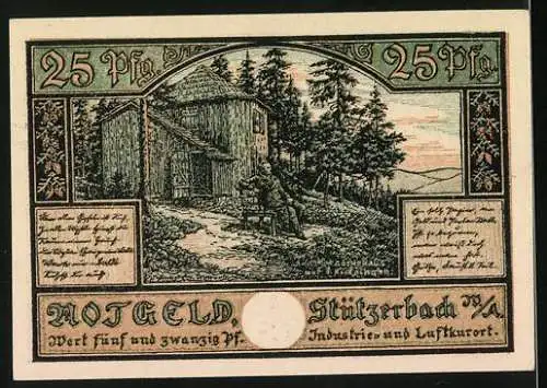 Notgeld Stützerbach 1921, 25 Pfennig, Goethehaus auf dem Kiekelhahn, Gasthaus zum Auerhahn