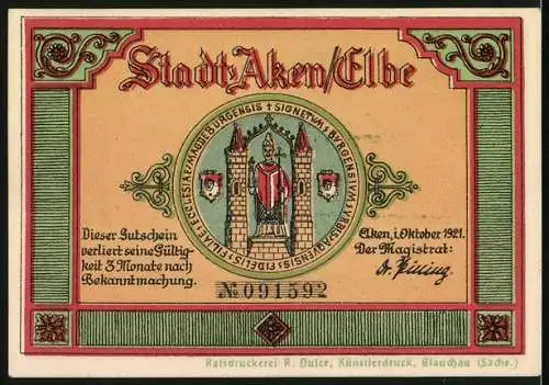 Notgeld Aken /Elbe 1921, 75 Pfennig, Partie am Rathaus