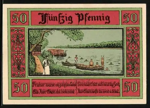 Notgeld Aken /Elbe 1921, 50 Pfennig, Uferpartie mit Badegästen